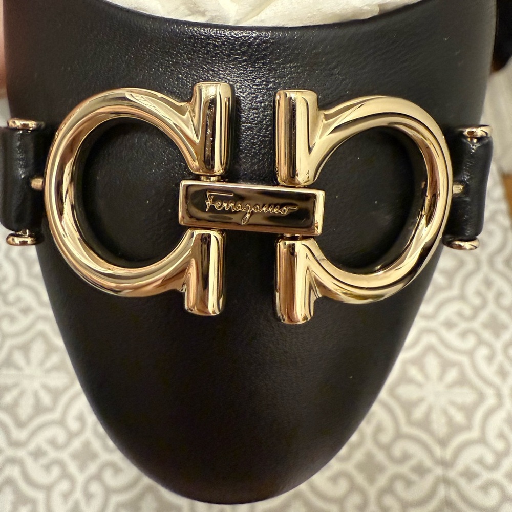 Salvatore Ferragamo Black Leather Women’s Shoes with Gold Signature Buckle